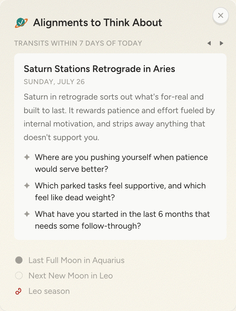The Alignments to Think About panel in Task Alignment — Saturn stations retrograde in Aries, with reflection prompts tied to your tasks