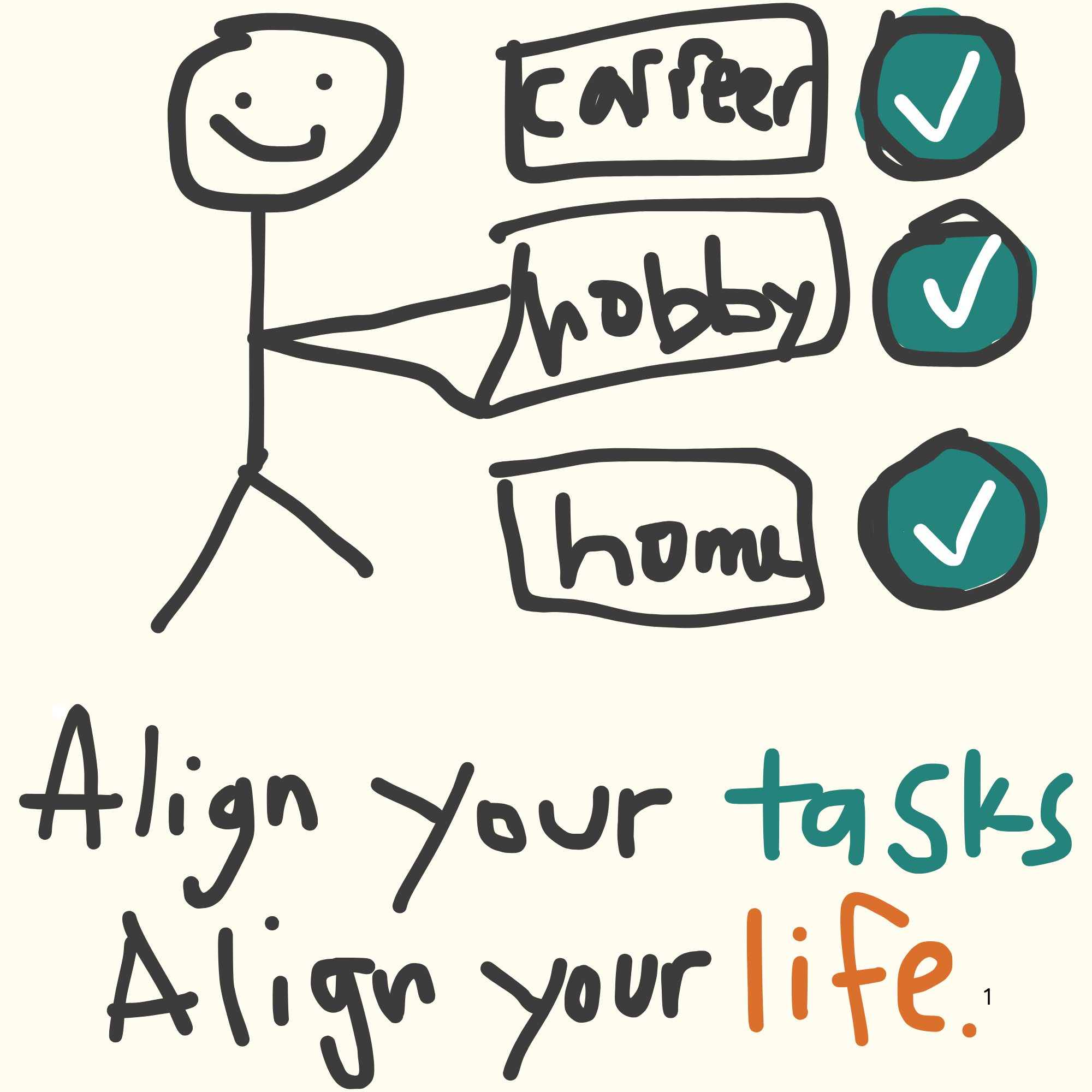 A happy figure with career, hobby, and home checked off. Align your tasks, align your life.